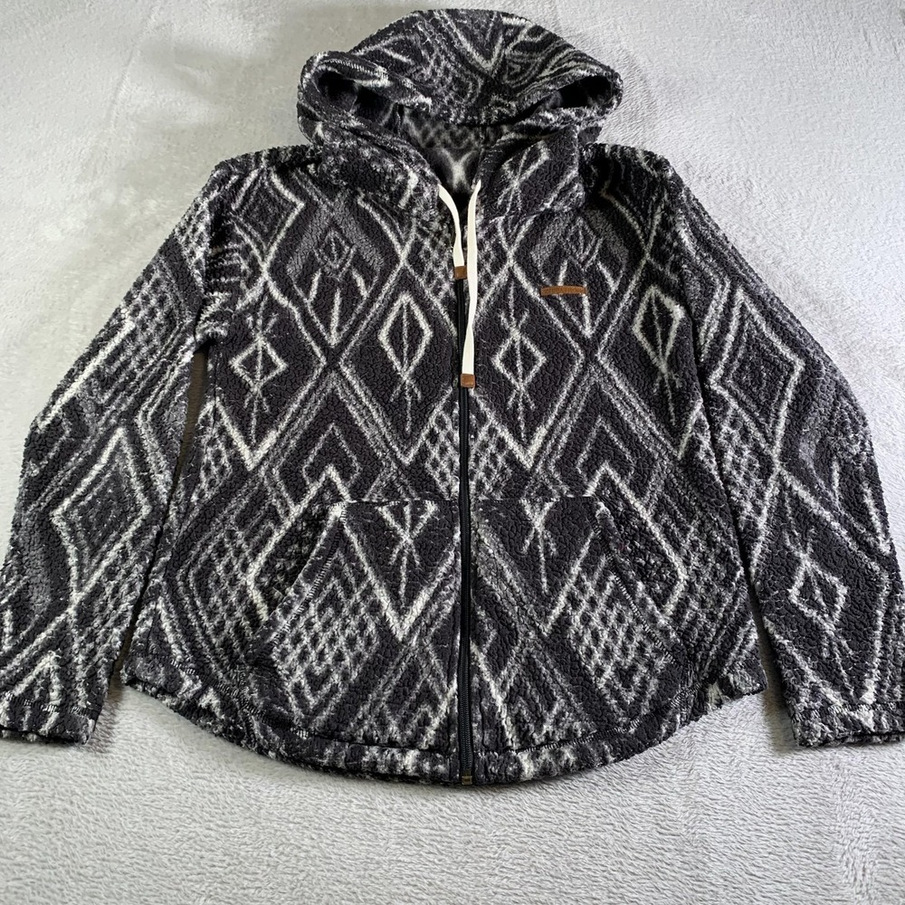 Billabong Jacket Womens Medium‎ Gray Aztec Fleece Hooded Full Zip Soft Cozy